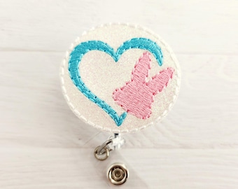Easter Bunny Heart Feltie - Nurse Badge Reel - INTERCHANGEABLE - Retractable ID Holder - Teacher - Xray Tech Badge Clip - Spring Gift - Cute