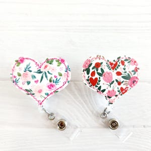 Valentine&#39;s Day Floral Heart Badge Reels - INTERCHANGEABLE - Nurse Badge Reel - Retractable ID Holder - Teacher Lanyard - Feltie Badge Clip