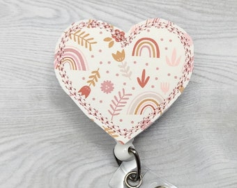 Boho Rainbow Heart Feltie -  Nurse Badge Reel -  INTERCHANGEABLE - Retractable ID Holder - Pediatric Xray Tech - Badge Clip Floral - Teacher