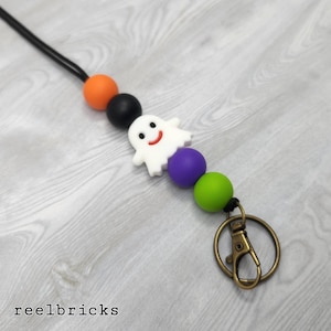 Halloween Lanyard Silicone Beaded - ID Badge Holder - Minimalist - Ghost Breakaway Clasp- Teacher  Lanyard Gift Spooky Keychain Key Ring Fob