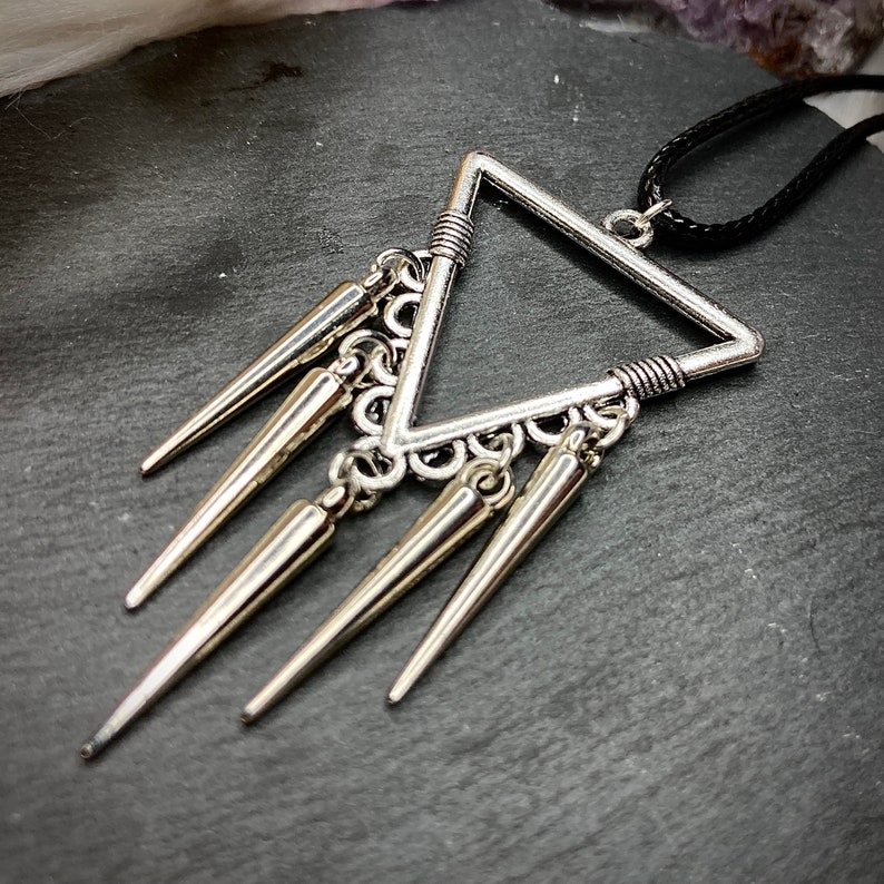 Spike studded geometrical triangle necklace choker boho gypsy glam rock choker on leather vegan rope