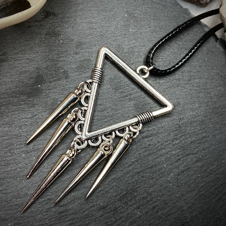 Spike studded geometrical triangle necklace choker boho gypsy glam rock choker on leather vegan rope