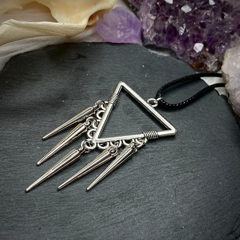Spike studded geometrical triangle necklace choker boho gypsy glam rock choker on leather vegan rope