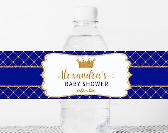 Royal Baby Shower Water Bottle Label, Prince Baby Shower WaterBottle Label Little Prince Baby Shower Label, Blue Gold Boy Baby Shower BSL 28