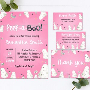 Editable Peek a Boo Baby Shower Invitation Set, Girl Halloween Baby Shower Invite Pack, Pink Halloween Invitation Printable Template  0142