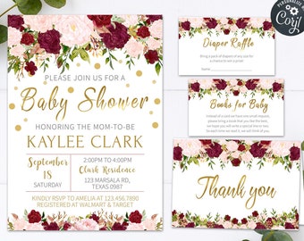 Editable Marsala Baby Shower Invitation Set, Burgundy Baby Shower Invitation Set, Blush Pink Floral Printable Invitation Rustic Theme 0021
