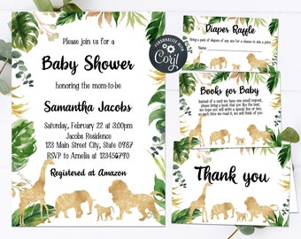 Editable Safari Baby Shower Invitation, Jungle Themed Baby Shower Invitation, Gold, Safari Themed, Animals, Instant Download BSL 117