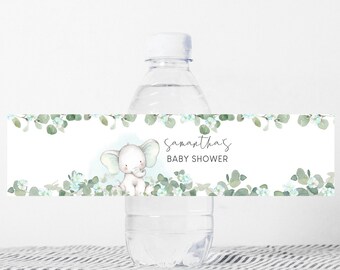 Editable Blue Elephant Baby Shower Water Bottle Labels, Boy Baby Shower Bottle Label, Blue Floral Elephant Theme Eucalyptus Printable 0166