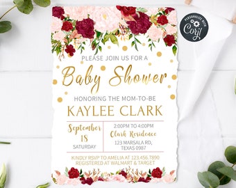 Editable Marsala Baby Shower Invitation, Burgundy Baby Shower Invitation, Blush Pink Floral Printable Invitation Rustic Theme 0021