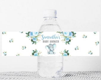 Editable Water Bottle Labels Elephant Baby Shower Boy, Baby Boy Shower Bottle Label, Blue Floral Little Peanut Printable Decor Template 0159