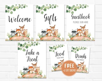 Woodland Baby Shower Signs Bundle, Greenery Woodland Animals Baby Shower Table Signs, Woodland Baby Shower Decoration, Printable Signs 0056