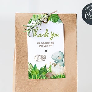 Etiqueta de lembrança de chá de bebê de dinossauro editável, etiquetas de presente de chá de bebê de dinossauro fofo para chocar em breve, etiqueta de chá de bebê de dinossauro verde neutro em termos de gênero, 01038