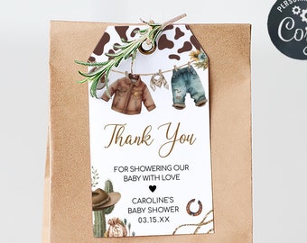 Editable A Little Cowboy Baby Shower Favor Tag, Wild West Cowboy Clothes Baby Shower Gift Tags, Boy Western Rodeo Shower Thank You Tag 01039