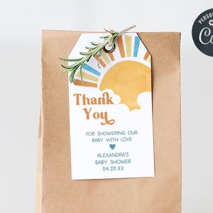 Bearbeitbar Hier kommt der Sohn Babyparty Geschenkanhänger, Boho Sunshine Babyparty Geschenkanhänger, Junge hier kommt die Sonne Babyparty Danke, 01046