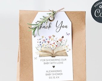 Editable A New Chapter Begins Baby Shower Favor Tag, Storybook Baby Shower Gift Tag, Butterfly Wildflower Book Baby Shower Thank You, 01034
