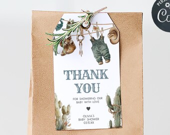 Editable A Little Cowboy Baby Shower Favor Tag, Cowboy Baby Clothes Boho Baby Shower Gift Tags, Wild West Baby Rodeo Baby Shower Tag, 01043
