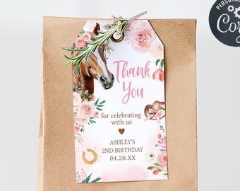 Etiquetas de regalo de cumpleaños con diseño floral editables de caballos, etiquetas de regalo de cumpleaños de vaqueras, etiquetas de cumpleaños de ponis con diseño floral rosa, regalos de caballo de granja para niñas rosas 52BD