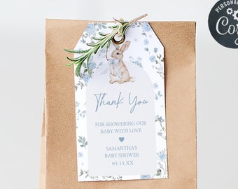 Editable Some Bunny Baby Shower Favor Tag, Blue Floral Bunny Baby Shower Gift Tag, Boy Spring Easter Rabbit Baby Shower Thank You Tag, 01026