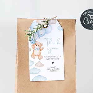 Editable We Can Bearly Wait Baby Shower Favor Tag, Boy Boho Bear Baby Shower Gift Tags, Blue Balloon Bear Baby Shower Thank you Tag, 01018