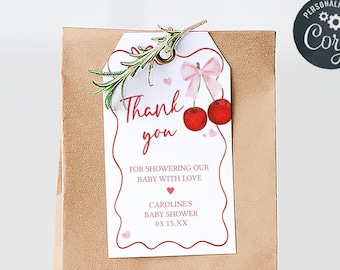 Editable Cherry Baby Shower Favor Tag, Cherry on Top Pink Bow Baby Shower Gift Tag, Coquette Cherry Minimal Baby Shower Thank you Tag, 01033