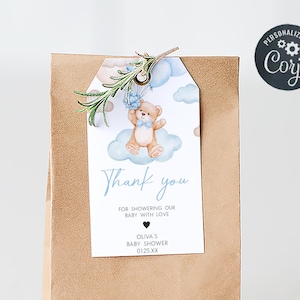 Editable We Can Bearly Wait Baby Shower Favor Tag, Blue Balloon Bear Baby Shower Gift Tag, Boy Boho Teddy Bear Baby Shower Favor Tags, 01018