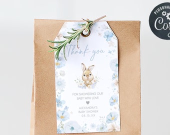Editable Blue Floral Some Bunny Baby Shower Favor Tag, Easter Bunny Baby Shower Gift Tag, Boy Spring Rabbit Baby Shower Thank You Tag, 01023