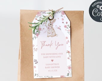 Editable Some Bunny Baby Shower Favor Tags, Pink Floral Spring Baby Shower Gift Tag, Spring Flower Girl Rabbit Baby Shower Favors Tag, 01025
