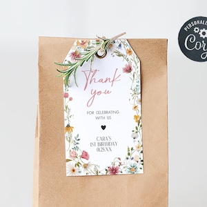 Bearbeitbare kleine Wildblumen-Geburtstagsfeier Favor Tags, Wildflower Party Dankeschön Tag, Blumen erster Geburtstag Tag, Gartenparty Favor Tag 39BD