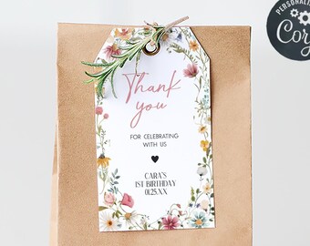 Editable Little Wildflower Birthday Party Favor Tags, Wildflower Party Thank You Tag, Floral First Birthday Tag, Garden Party Favor Tag 39BD