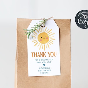 Etiqueta de regalo editable para baby shower con el mensaje "Here Comes the Son", etiquetas de regalo retro con el mensaje "Sun Sunshine", etiqueta de agradecimiento para baby shower con el mensaje "Here Comes the Sun", 01053