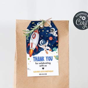 Bearbeitbare Weltraum-Geburtstags-Geschenkanhänger, Galaxie-Geburtstagsfeier-Dankeschön-Tag, Planeten-Raketenschiff-Favor-Tag, Astronaut-Geburtstags-Tags, 44BD