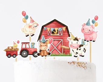 Farm Centerpieces Decor, Barnyard Birthday Cake Topper Table Decor, Farm Animals Birthday Party Decorations, Red Barnyard Centerpiece 318BD