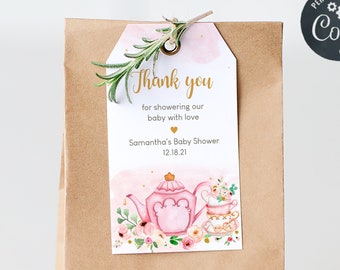 Editable Tea Party Baby Shower Favor Tag, Blush Pink Gold Tea Party Floral Baby Shower Gift Tag Baby is Brewing, Girl Baby Shower Decor 0146