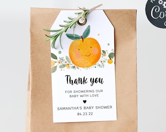 Bearbeitbar Little Cutie Babypartybevorzugungen Tag, Clementine Orange Babyparty Geschenkanhänger, A Little Cutie ist auf dem Weg Danke Tags 0170