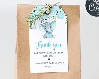 Editable Boy Elephant Baby Shower Favor Tag, Baby Elephant Gift Tag, Blue Floral Baby Shower Thank you Tag, Printable Instant Download 0163
