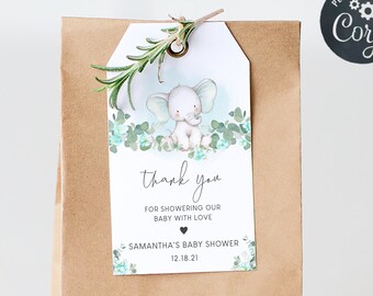 Editable Blue Elephant Baby Shower Favor Tags, Boy Baby Shower Gift Tags, Blue Floral Elephant Theme Eucalyptus Printable Decorations 0166