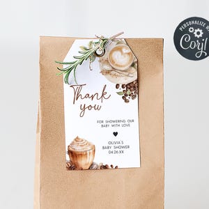Editable Coffee Baby Shower Favor Tag, A Baby is Brewing Coffee Bean Baby Shower Gift Tags, Gender Neutral Baby Shower Thank You Tag, 01064