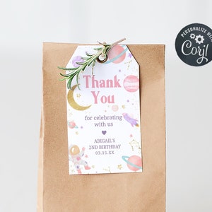 Editable Two the Moon Space Birthday Favor Tags, Pink Girl 2nd Birthday Outer Space Thank You Tag, Astronaut Second Birthday Party Tag, 46BD