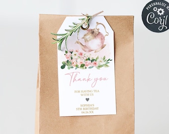 Editable Tea Party Birthday Favor Tag, Let's Par-Tea Gift Tag, Garden Party Tag, Floral Tea Party Favors, Girl Birthday Thank You Tag, 64BD