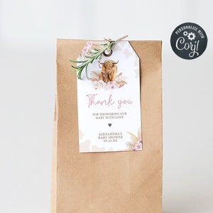 Etiquetas editables de favor de baby shower de vaca de las tierras altas de Boho, etiqueta de regalo de baby shower de vaca sagrada rosa, etiqueta de agradecimiento de baby shower boho de vaca de las tierras altas de niña 0509 imagen 1