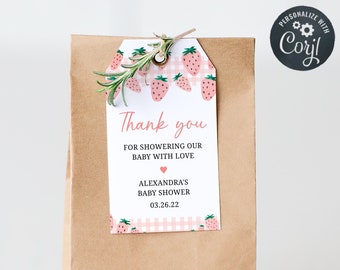 Editable Strawberry Baby Shower Favor Tags, Berry Sweet Baby Shower Gift Tag, Summer Baby Shower Girl Cute Strawberry Party Printable 0180