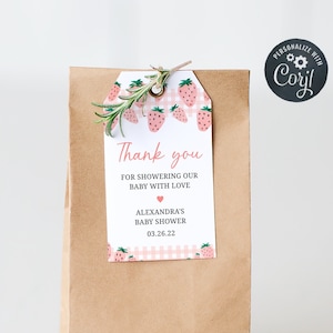Editable Strawberry Baby Shower Favor Tags, Berry Sweet Baby Shower Gift Tag, Summer Baby Shower Girl Cute Strawberry Party Printable 0180