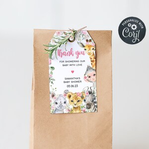 Editable Girl Safari Baby Shower Favor Tags, Pink Floral Jungle Baby Shower Gift Tag, Greenery Safari Animals Decor Printable Template 0223