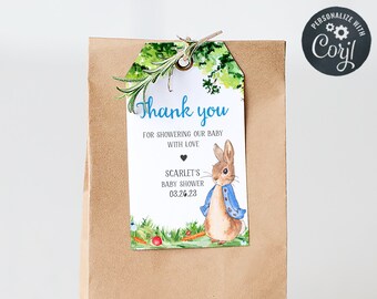 Bewerkbare Peter Rabbit babyshower gunsttags, Blue Bunny cadeaulabel babyshower, rustieke Peter Rabbit bedankkaartjes afdrukbare sjabloon 0235