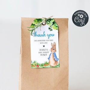Editable Peter Rabbit Baby Shower Favor Tags, Blue Bunny Baby Shower Gift Tag, Rustic Peter Rabbit Thank you Tags Printable Template 0235