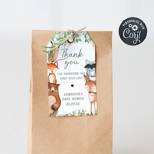 Editable Woodland Baby Shower Favor Tags, Greenery Woodland Animals Baby Shower Gift Tags, Gender Neutral Forest Animals Favor Template 0322