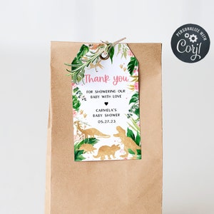 Editable Girl Dinosaur Baby Shower Favor Tags, Pink Floral Dinosaur Baby Shower Gift Tag, Greenery Gold Dinosaur Thank you Tag Template 0316