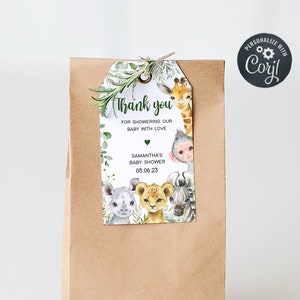 May include: A brown paper bag with a thank you tag attached. The tag features a watercolor illustration of jungle animals, green leaves, and the text "Thank you for showering our baby with love, Samantha's Baby Shower 05.06.23".