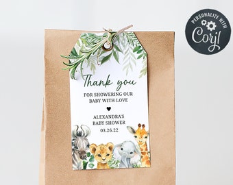 Editable Jungle Baby Shower Favor Tags Safari Animals Baby Shower Favors, Safari Baby Shower Tags Greenery Printable Gift Tag Template 0179