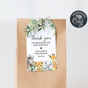 Bearbeitbare Dschungel-Babyparty Favor Tags Safari Tiere Babypartybevorzugungen, Safari Baby Shower Tags Greenery Druckbare Geschenkanhänger Vorlage 0179
